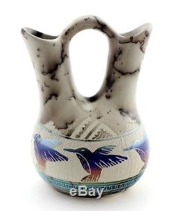 Native American Horse Hair Wedding Vase w Hummingbirds By Hilda Whitegoat