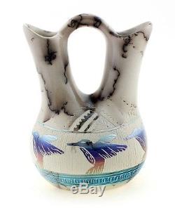 Native American Horse Hair Wedding Vase w Hummingbirds By Hilda Whitegoat