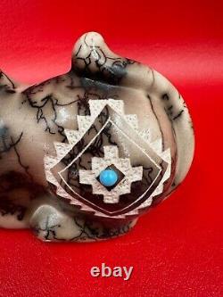 Native American Horsehair Navajo Pottery Cat With Turquoise Tom Vail