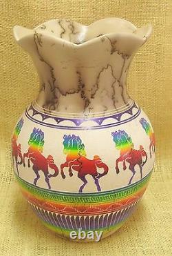 Native American Horsehair Pottery by Hilda Whitegoat Prancing Horse Petal Vase