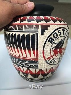 Native American Indian Navajo Etched Large Pottery Boston Red Sox Wow Handmade