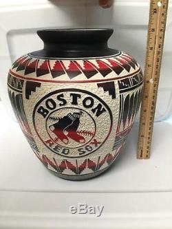 Native American Indian Navajo Etched Large Pottery Boston Red Sox Wow Handmade