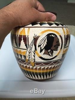 Native American Indian Navajo Etched Large Pottery Washington Redskins Stunning