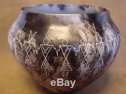 Native American Indian Pottery Horse Hair Pot by Gary Yellow Corn Louis! Acoma