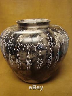 Native American Indian Pottery Horse Hair Pot by Gary Yellow Corn Louis! Acoma P
