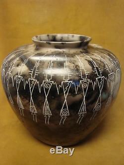 Native American Indian Pottery Horse Hair Pot by Gary Yellow Corn Louis! Acoma P