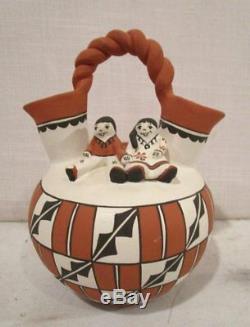 Native American Indian Pottery SIGNED MAE SHIELDS Acoma Wedding Vase With FIGURES