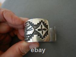 Native American Indian Sterling Silver Navajo Pottery Stamped Cuff Bracelet JS