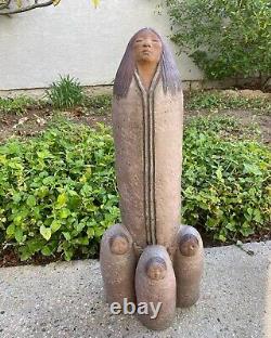 Native American Indian pottery figure Art Woman & Child 3 Children Large Signed