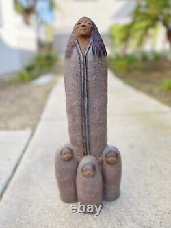 Native American Indian pottery figure Art Woman & Child 3 Children Large Signed