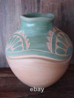 Native American Jemez Pueblo Pottery Clay Etched Pot by Emma Yepa