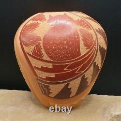 Native American-Jemez Pueblo Pottery-Hand Coiled Etched OWL Pot-Brenda Tafoya