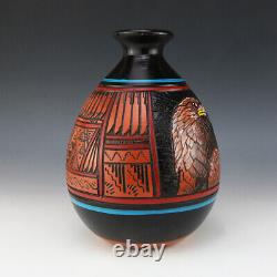 Native American Navajo Buffalo & Eagle Pottery Vase By Arnold Brown