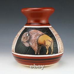 Native American Navajo Buffalo Pottery Vase By Antionette Sherman