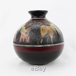 Native American Navajo Buffalo Pottery Vase By Paul Lansing Navajo Pottery