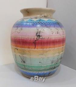 Native American Navajo Etched Horse Hair Multi Color Pottery Vase