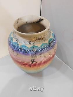 Native American Navajo Etched Horse Hair Multi Color Pottery Vase