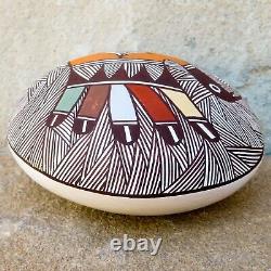 Native American Pottery-Acoma Pueblo Hand Coiled Bird Design Seed Pot-Judy Lewis