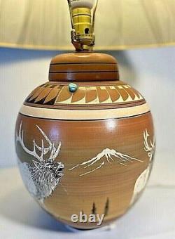 Native American Pottery Base Electric Lamp Carved Etched Hand Painted N. Hardy 86