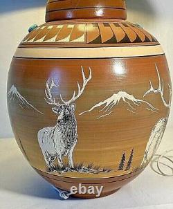 Native American Pottery Base Electric Lamp Carved Etched Hand Painted N. Hardy 86