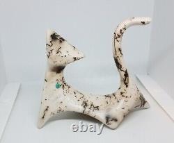 Native American Pottery Cat Sculpture Turquoise Horse Hair Signed Navajo Ahkeah