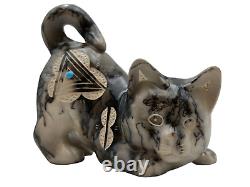 Native American Pottery Cat Sculpture withTurquoise Horse Hair Home Decor Vail
