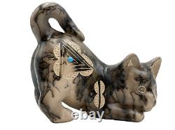 Native American Pottery Cat Sculpture withTurquoise Horse Hair Home Decor Vail