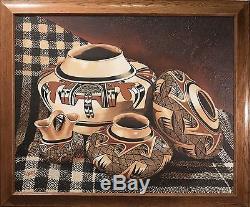 Native American Pottery Original Oil Painting, Signed Lopes Large & STELLAR