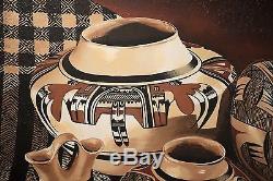 Native American Pottery Original Oil Painting, Signed Lopes Large & STELLAR