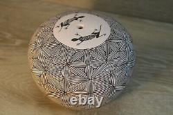 Native American Pottery Signed Acoma Pueblo Fine Line Seed Pot By Carrie Charlie