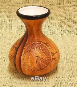 Native American Pottery by Dwayne Blackhorse Wood Grain Finish Horse Small Vase