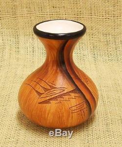 Native American Pottery by Dwayne Blackhorse Wood Grain Finish Horse Small Vase