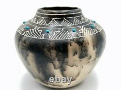 Native American Pottery withTurquoise Horse Hair Vase Handmade Acoma Yellow Corn