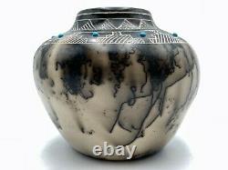 Native American Pottery withTurquoise Horse Hair Vase Handmade Acoma Yellow Corn