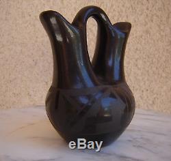 Native American Santa Clara Black Pottery Wedding Vase Signed