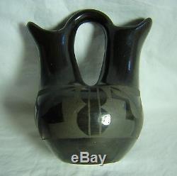 Native American Santa Clara Black Pottery Wedding Vase Signed