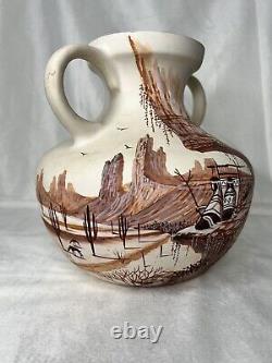 Native American White Clay Vase By Linn Panter, Hand Painted Scenery Rare