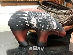 Navajo Native American Carved Painted Pottery Bear Figurine Signed Deschene