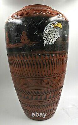 Navajo Native American Indian Pottery Huge Vase Signed Buffalo, Eagle 18 T