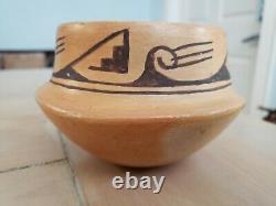 Old Hopi Native American Indian Pottery Hano Black Bowl Signed Cloud Clan Symbol