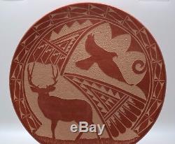 Older Carol Vigil Deer And Eagle Hand Made Jemez Pueblo Plate/awesome/free Ship