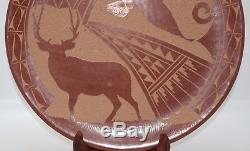 Older Carol Vigil Deer And Eagle Hand Made Jemez Pueblo Plate/awesome/free Ship