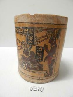 Prprehistoric Maya / Sw Indian Pottery Cylinder Pot Polychrone Figural Dsgn