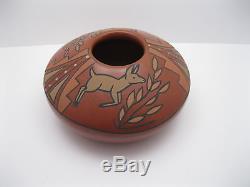 RARE Flora Naranjo Santa Clara Pueblo Polychrome Redware Vase / Bowl w Deer