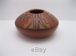RARE Flora Naranjo Santa Clara Pueblo Polychrome Redware Vase / Bowl w Deer