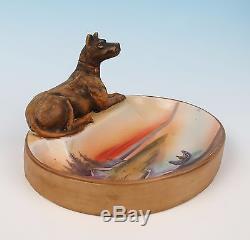 RARE Nippon Dog withNative American Indian Scene Figural Porcelain Ashtray Figural