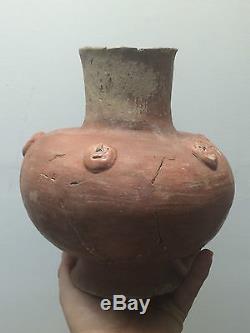 RARE RED PAINTED MEDALION FACE HUMAN EFFIGY WATER BOTTLE POTTERY INDIAN POT BOWL
