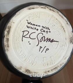R. C. GORMAN Original Signed 1981 Ceramic Painted Vase Woman with White Cat