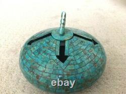 Randy Miller Native American/Cherokee turquoise inlaid lidded pottery jar