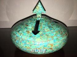 Randy Miller Native American/Cherokee turquoise inlaid lidded pottery jar